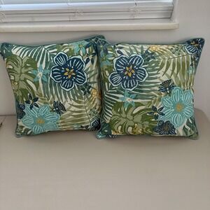 Tropical Botanical Green & Teal Accent Pillow Pair